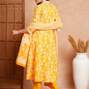 Floral Printed & Embroidered A-Line Paneled Kurta with Pant and Dupatta - Yellow