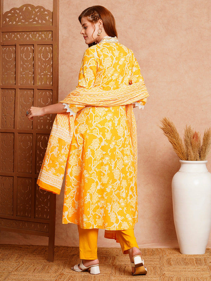 Floral Printed & Embroidered A-Line Paneled Kurta with Pant and Dupatta - Yellow