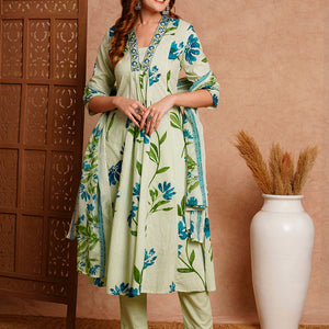 Floral Printed & Embroidered A-Line Paneled Kurta with Pant and Dupatta - Mint Green