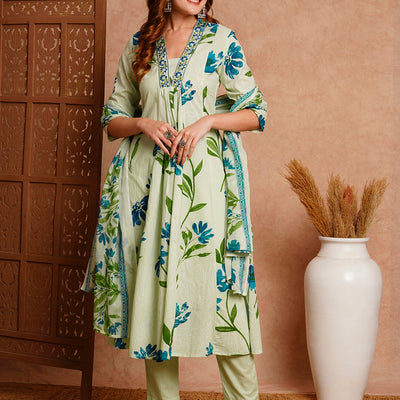 Floral Printed & Embroidered A-Line Paneled Kurta with Pant and Dupatta - Mint Green
