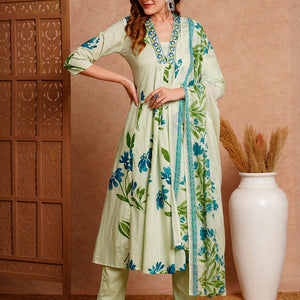Floral Printed & Embroidered A-Line Paneled Kurta with Pant and Dupatta - Mint Green