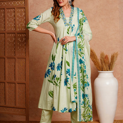 Floral Printed & Embroidered A-Line Paneled Kurta with Pant and Dupatta - Mint Green