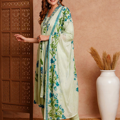 Floral Printed & Embroidered A-Line Paneled Kurta with Pant and Dupatta - Mint Green