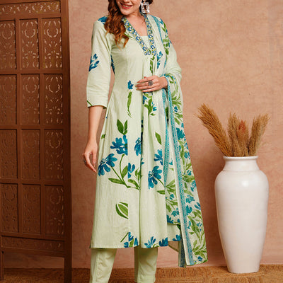 Floral Printed & Embroidered A-Line Paneled Kurta with Pant and Dupatta - Mint Green