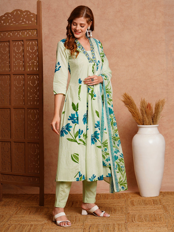 Floral Printed & Embroidered A-Line Paneled Kurta with Pant and Dupatta - Mint Green