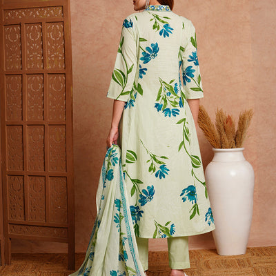 Floral Printed & Embroidered A-Line Paneled Kurta with Pant and Dupatta - Mint Green