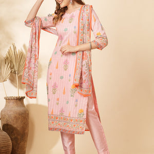 Floral Printed & Embroidered Straight Kurta with Pant and Dupatta - Pink