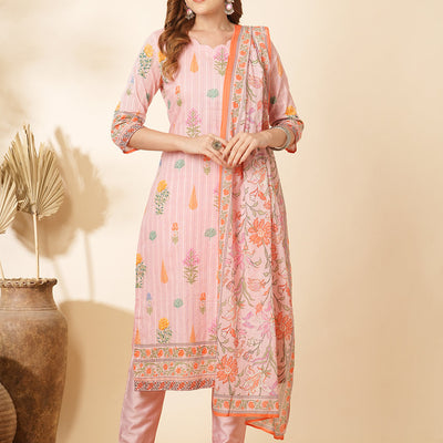 Floral Printed & Embroidered Straight Kurta with Pant and Dupatta - Pink