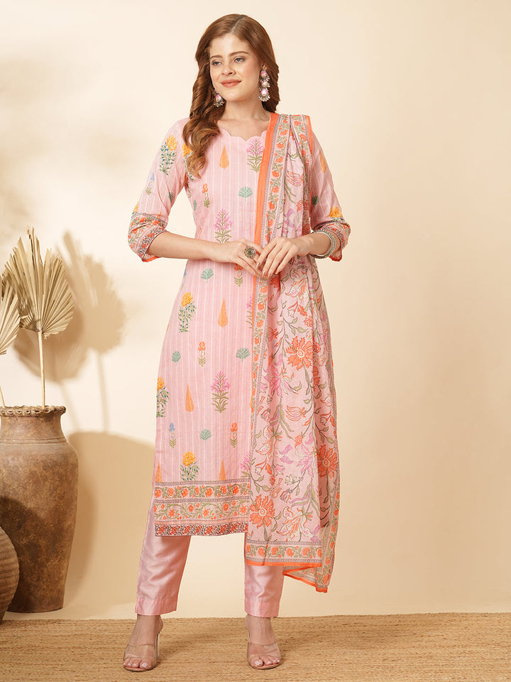 Floral Printed & Embroidered Straight Kurta with Pant and Dupatta - Pink