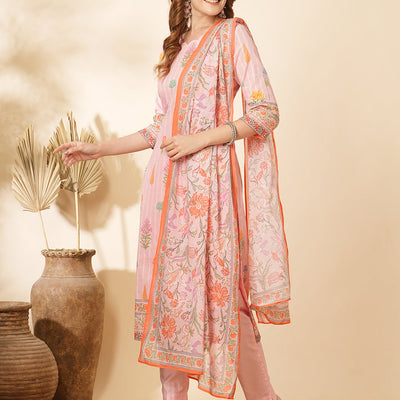Floral Printed & Embroidered Straight Kurta with Pant and Dupatta - Pink