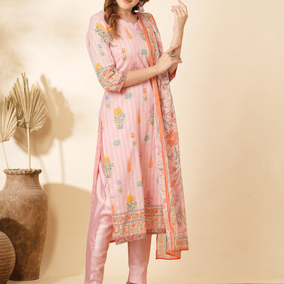 Floral Printed & Embroidered Straight Kurta with Pant and Dupatta - Pink