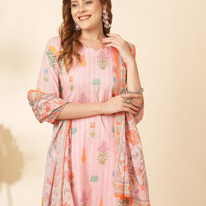 Floral Printed & Embroidered Straight Kurta with Pant and Dupatta - Pink