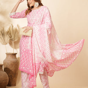 Floral Printed & Embroidered Straight Kurta with Pant & Dupatta - Pink