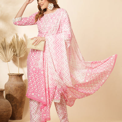 Floral Printed & Embroidered Straight Kurta with Pant & Dupatta - Pink