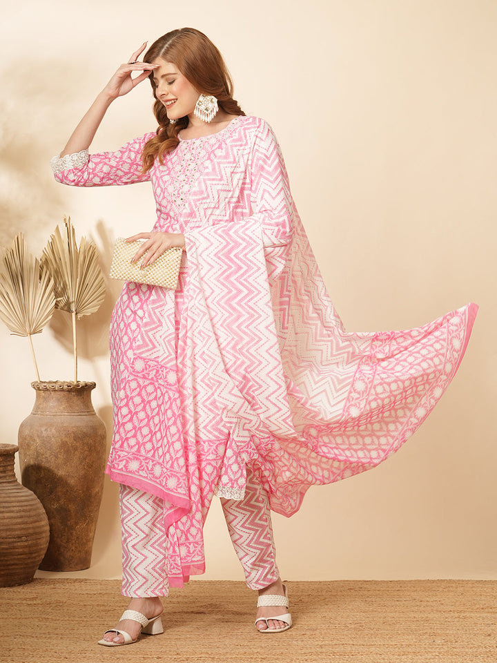 Floral Printed & Embroidered Straight Kurta with Pant & Dupatta - Pink