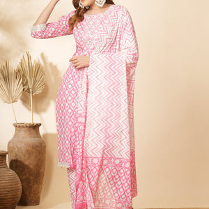 Floral Printed & Embroidered Straight Kurta with Pant & Dupatta - Pink