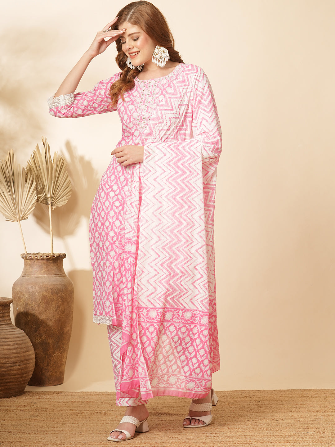 Floral Printed & Embroidered Straight Kurta with Pant & Dupatta - Pink