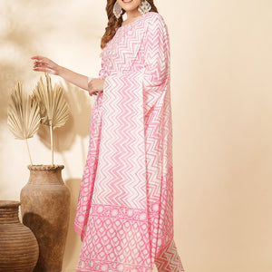 Floral Printed & Embroidered Straight Kurta with Pant & Dupatta - Pink