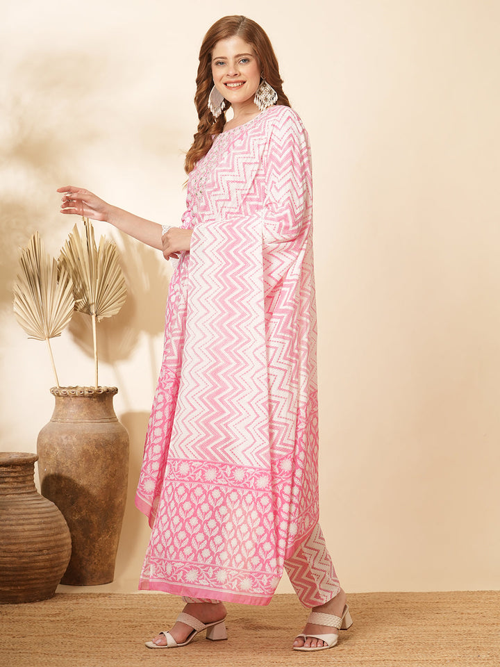 Floral Printed & Embroidered Straight Kurta with Pant & Dupatta - Pink