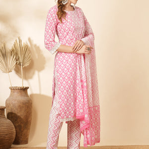 Floral Printed & Embroidered Straight Kurta with Pant & Dupatta - Pink
