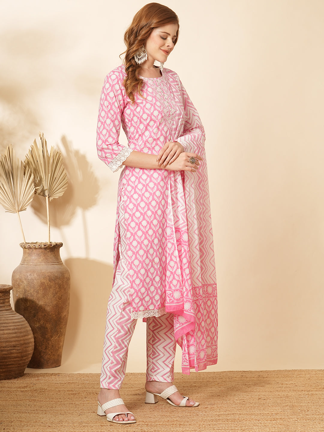 Floral Printed & Embroidered Straight Kurta with Pant & Dupatta - Pink