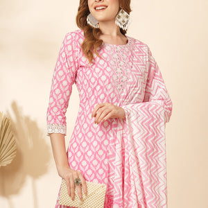 Floral Printed & Embroidered Straight Kurta with Pant & Dupatta - Pink