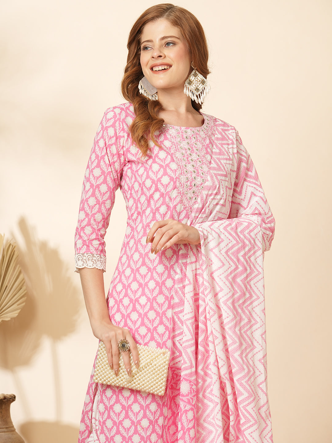 Floral Printed & Embroidered Straight Kurta with Pant & Dupatta - Pink