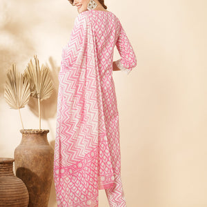 Floral Printed & Embroidered Straight Kurta with Pant & Dupatta - Pink