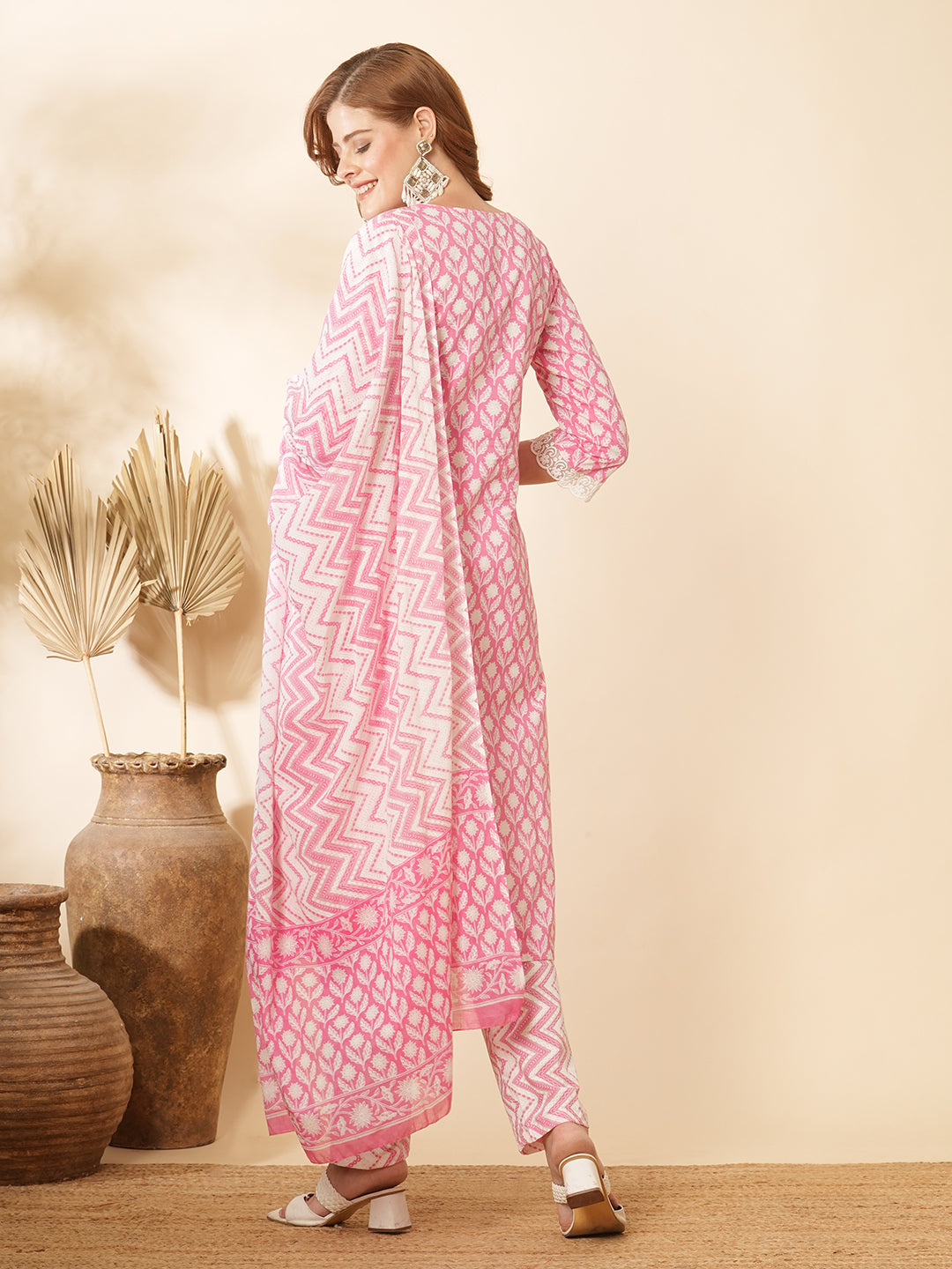 Floral Printed & Embroidered Straight Kurta with Pant & Dupatta - Pink