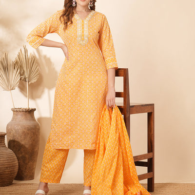 Ethnic Printed & Embroidered Straight Fit Kurta with Pant & Dupatta - Yellow