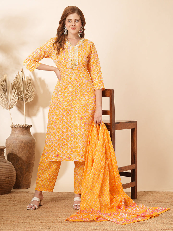 Ethnic Printed & Embroidered Straight Fit Kurta with Pant & Dupatta - Yellow