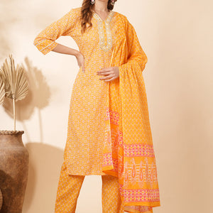 Ethnic Printed & Embroidered Straight Fit Kurta with Pant & Dupatta - Yellow
