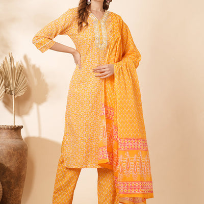 Ethnic Printed & Embroidered Straight Fit Kurta with Pant & Dupatta - Yellow