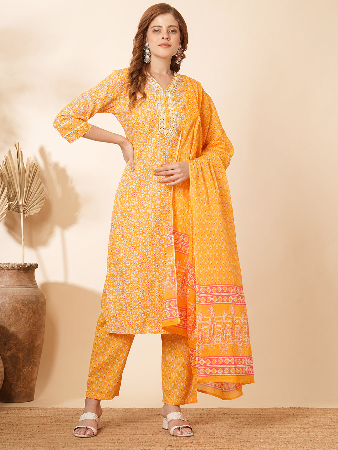 Ethnic Printed & Embroidered Straight Fit Kurta with Pant & Dupatta - Yellow