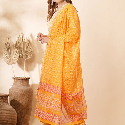 Ethnic Printed & Embroidered Straight Fit Kurta with Pant & Dupatta - Yellow