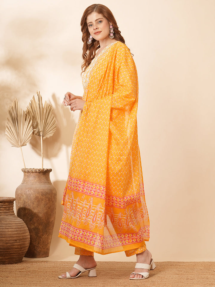 Ethnic Printed & Embroidered Straight Fit Kurta with Pant & Dupatta - Yellow