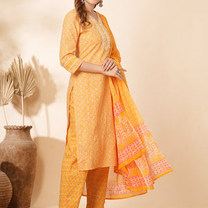 Ethnic Printed & Embroidered Straight Fit Kurta with Pant & Dupatta - Yellow