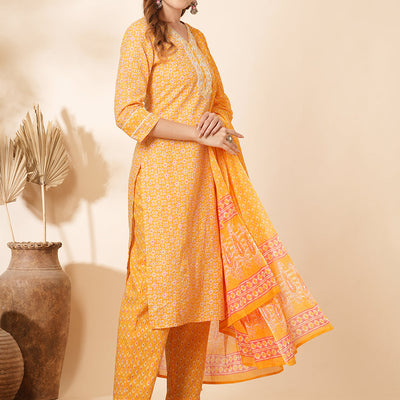 Ethnic Printed & Embroidered Straight Fit Kurta with Pant & Dupatta - Yellow