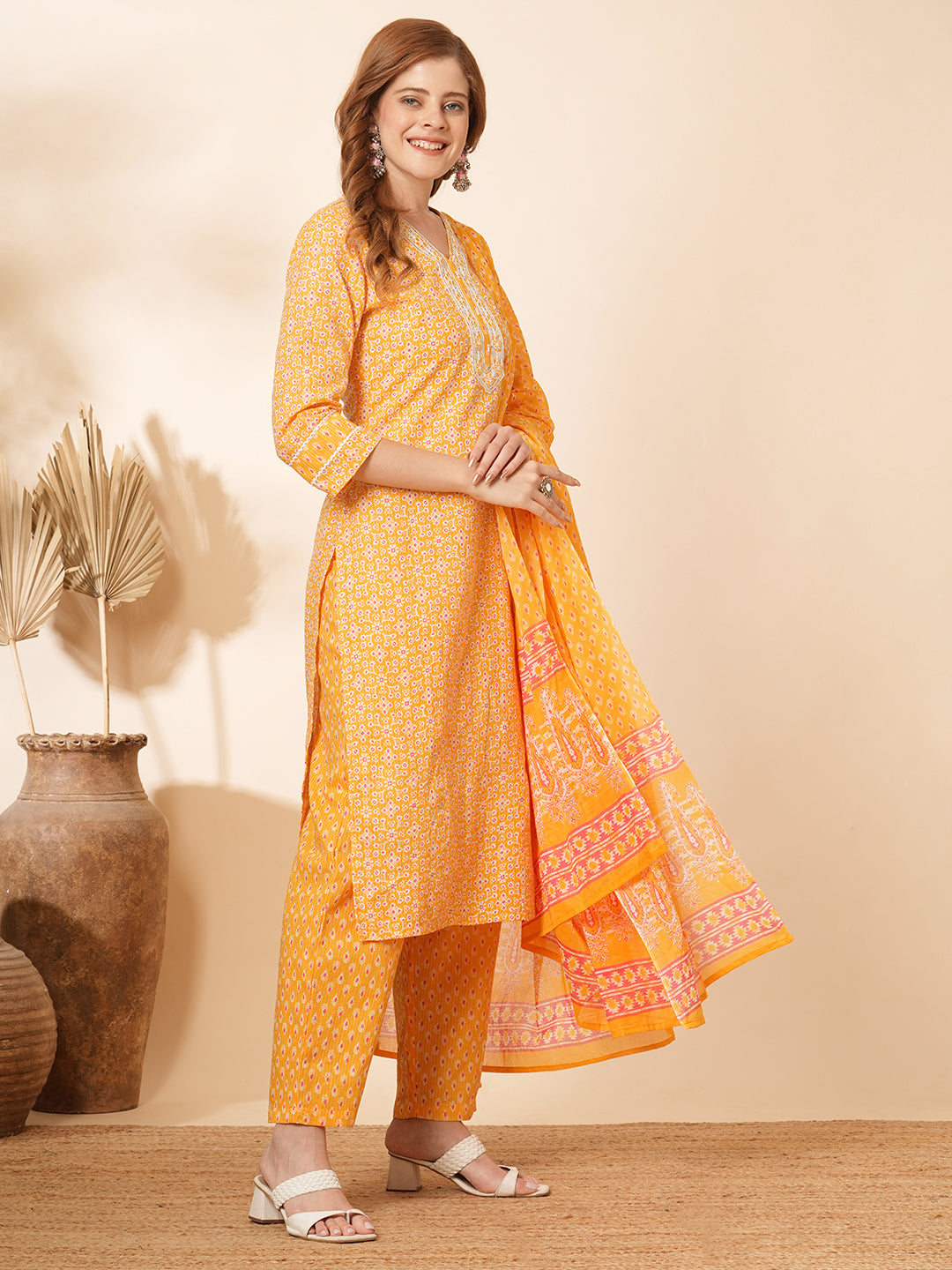 Ethnic Printed & Embroidered Straight Fit Kurta with Pant & Dupatta - Yellow