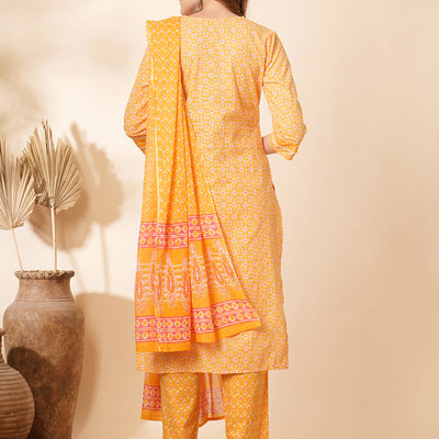 Ethnic Printed & Embroidered Straight Fit Kurta with Pant & Dupatta - Yellow