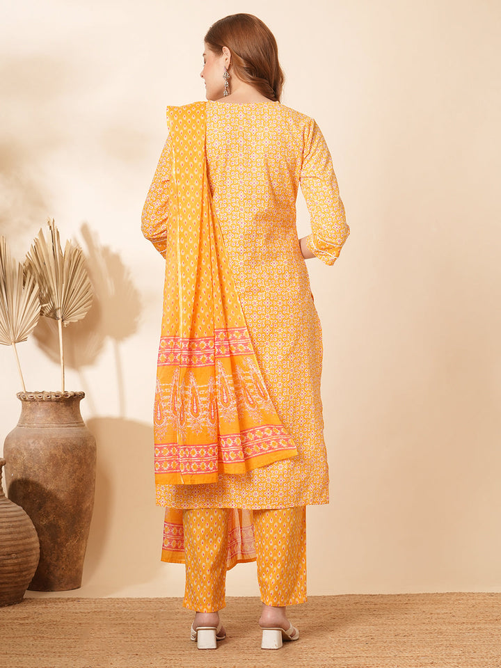 Ethnic Printed & Embroidered Straight Fit Kurta with Pant & Dupatta - Yellow