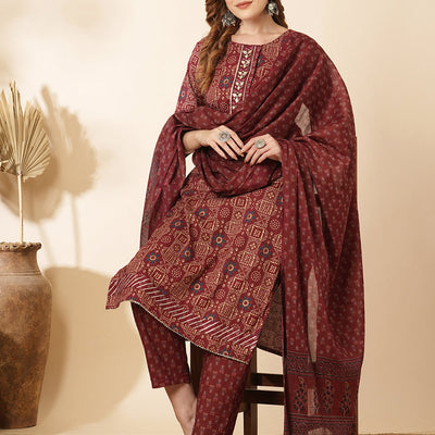 Ethnic Printed & Embroidered Kurta with Pant & Pure Cotton Dupatta - Burgundy
