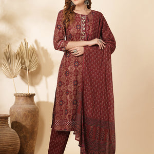 Ethnic Printed & Embroidered Kurta with Pant & Pure Cotton Dupatta - Burgundy