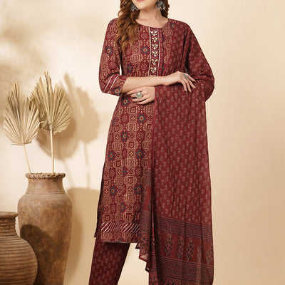 Ethnic Printed & Embroidered Kurta with Pant & Pure Cotton Dupatta - Burgundy