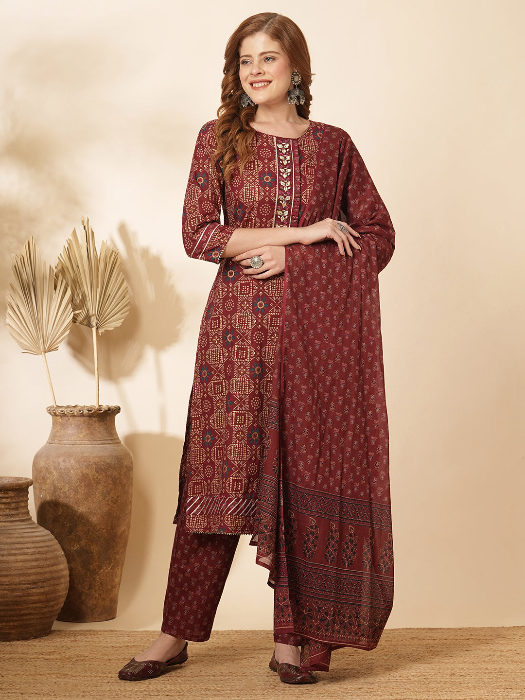 Ethnic Printed & Embroidered Kurta with Pant & Pure Cotton Dupatta - Burgundy