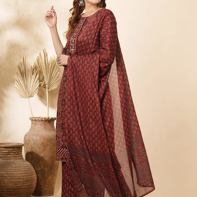Ethnic Printed & Embroidered Kurta with Pant & Pure Cotton Dupatta - Burgundy