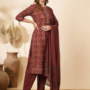 Ethnic Printed & Embroidered Kurta with Pant & Pure Cotton Dupatta - Burgundy