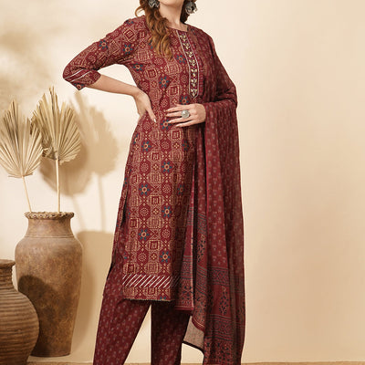 Ethnic Printed & Embroidered Kurta with Pant & Pure Cotton Dupatta - Burgundy