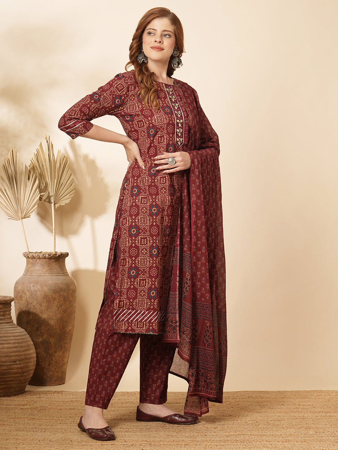 Ethnic Printed & Embroidered Kurta with Pant & Pure Cotton Dupatta - Burgundy