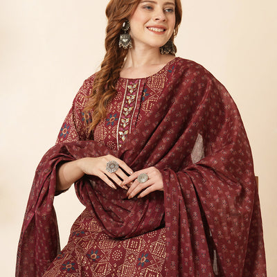 Ethnic Printed & Embroidered Kurta with Pant & Pure Cotton Dupatta - Burgundy